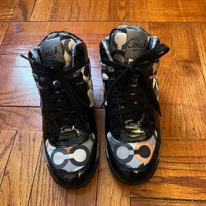 Coach Natalee Sneakers - Black, Gray, and Orange with patent leather trim.